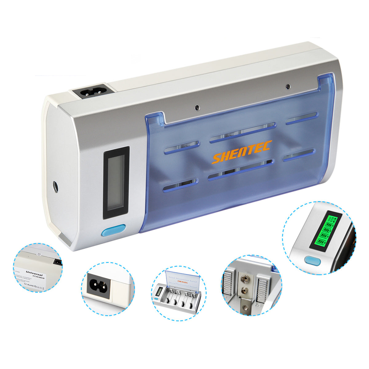 SHENTEC LCD Universal-Batterieladegerät für AA AAA C D 9V Ni-MH Ni-Cd wiederaufladbare Batterien
