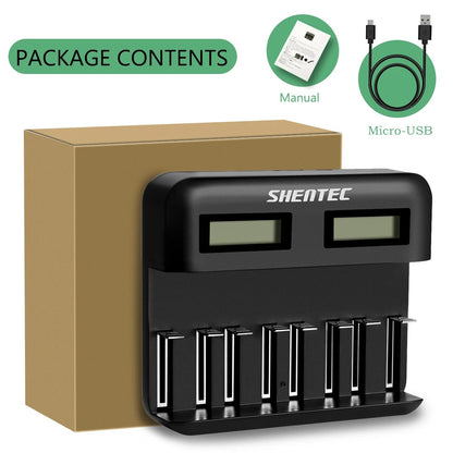 SHENTEC 8-Steckplätze 9V Smart AA AAA C D Ni-MH wiederaufladbares Batterieladegerät