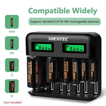 SHENTEC 8-Steckplätze 9V Smart AA AAA C D Ni-MH wiederaufladbares Batterieladegerät