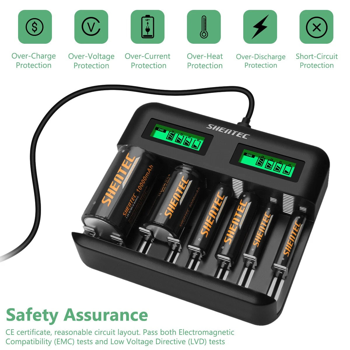 SHENTEC 8-Steckplätze 9V Smart AA AAA C D Ni-MH wiederaufladbares Batterieladegerät