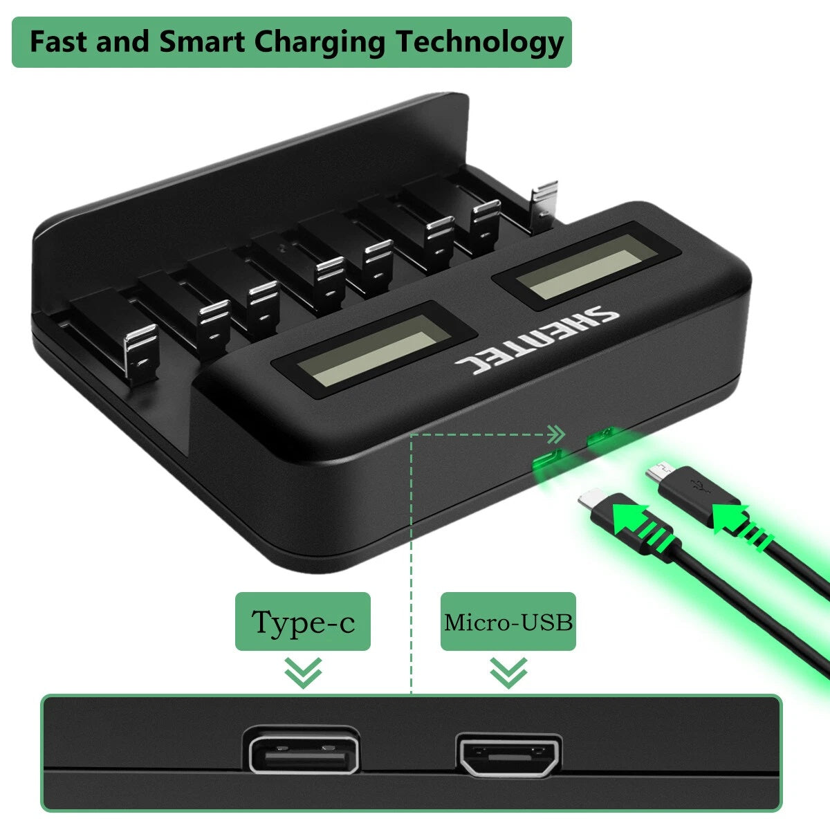 SHENTEC 8-Steckplätze 9V Smart AA AAA C D Ni-MH wiederaufladbares Batterieladegerät
