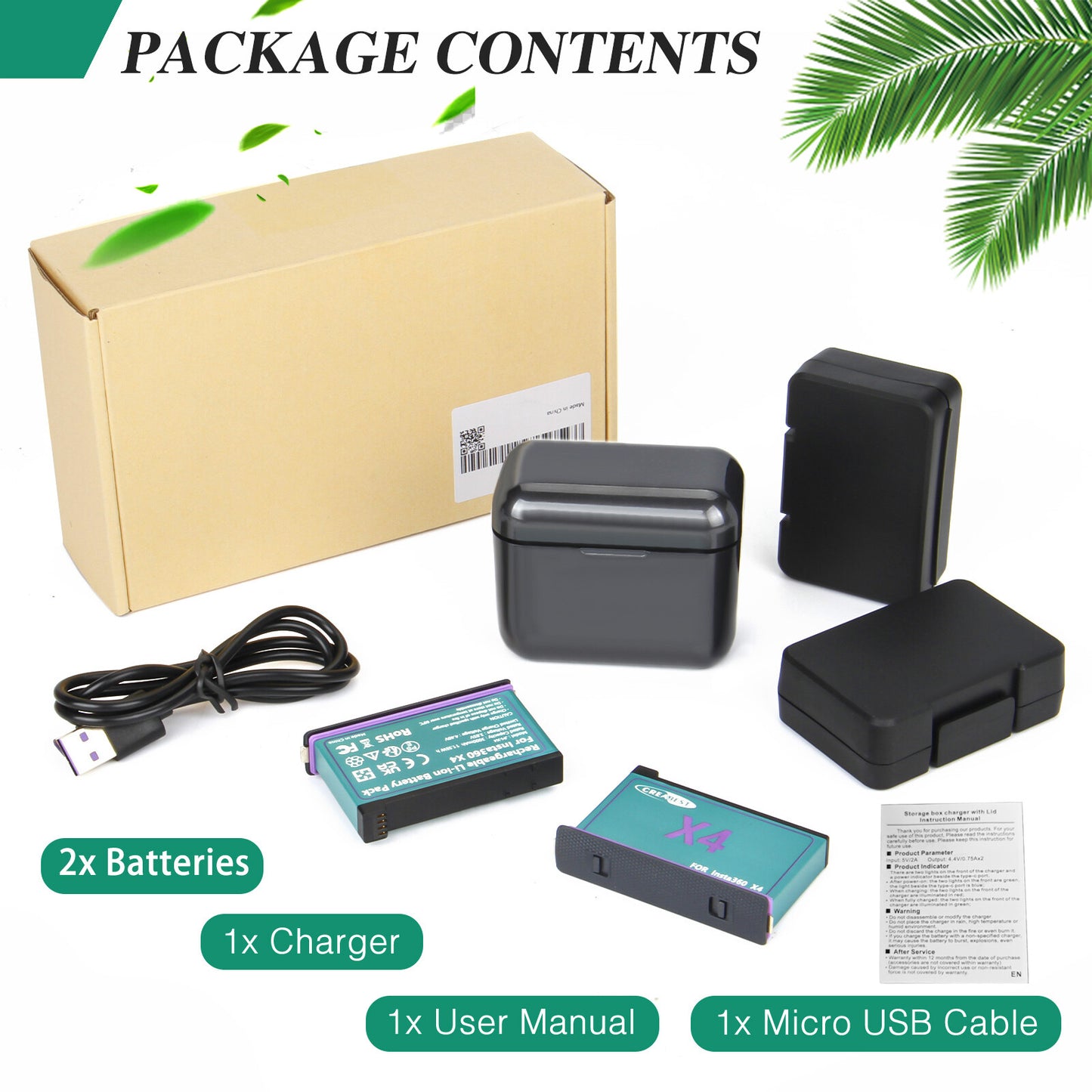 2x 3.0Ah 3.85V JH-X4 Ersatzbatterie + Power-Box-Ladegerät für Insta360 X4 Action-Kamera