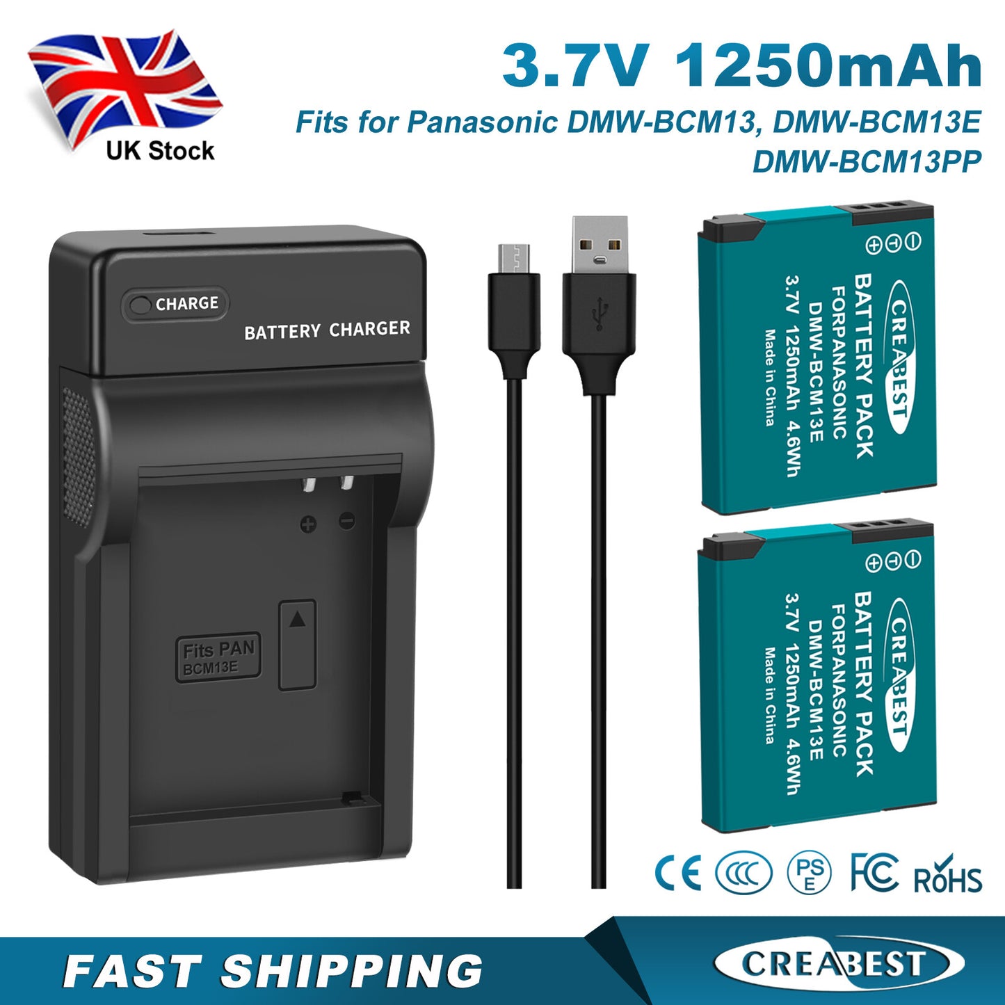 2 Stück DMW-BCM13 1250mAh Akku-Ladegerät für Panasonic Lumix DMC-TZ40S, ZS50, ZS30W