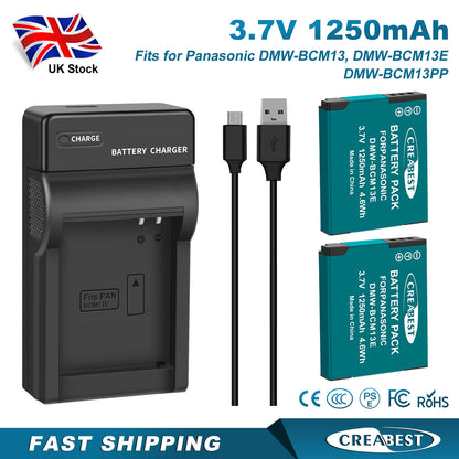 2 Stück DMW-BCM13 1250mAh Akku-Ladegerät für Panasonic Lumix DMC-TZ40S, ZS50, ZS30W