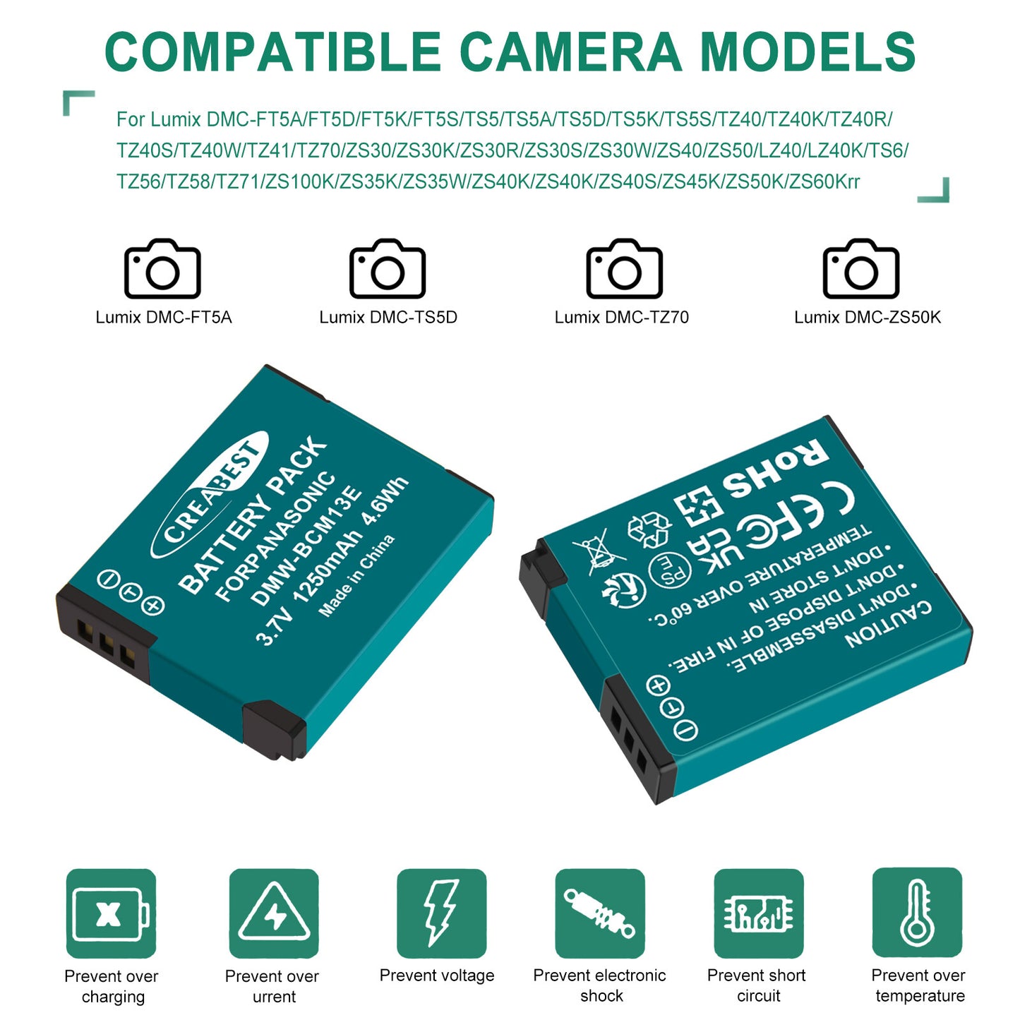 2 Stück DMW-BCM13 1250mAh Akku-Ladegerät für Panasonic Lumix DMC-TZ40S, ZS50, ZS30W