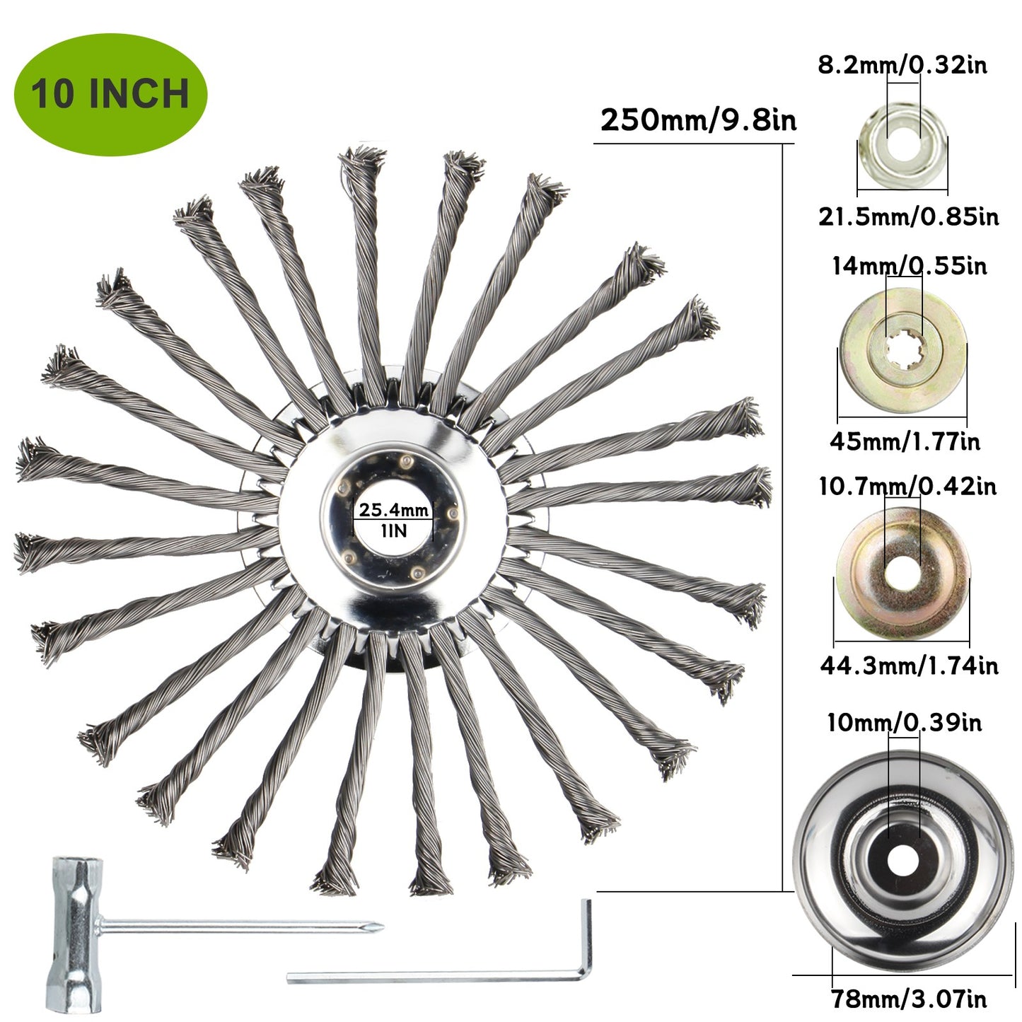6" 8" 10" Stahl-Draht-Unkrautbürstenkopf für Rasentrimmer, rotierende Radbürste mit Adapterkit