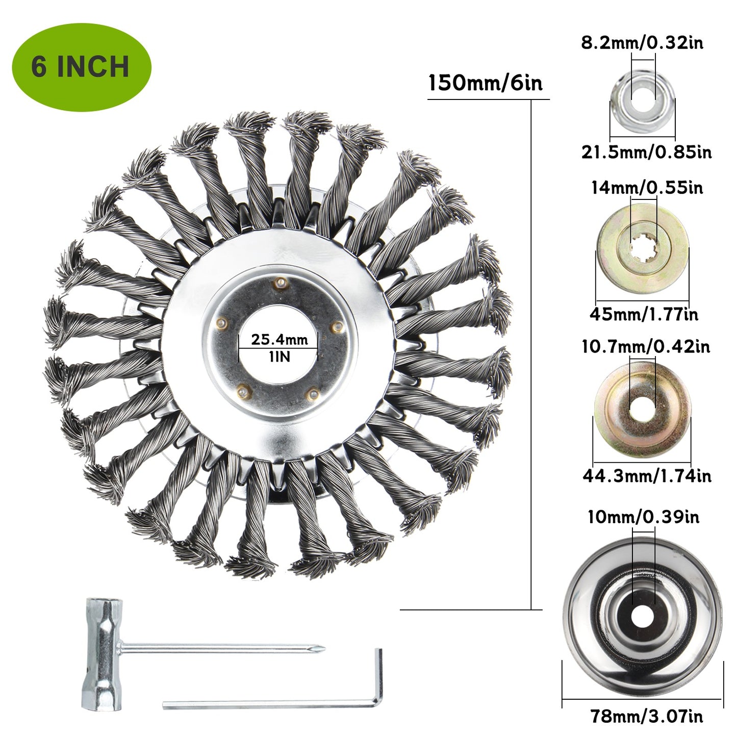 6" 8" 10" Stahl-Draht-Unkrautbürstenkopf für Rasentrimmer, rotierende Radbürste mit Adapterkit