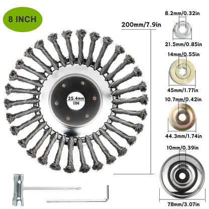 6" 8" 10" Stahl-Draht-Unkrautbürstenkopf für Rasentrimmer, rotierende Radbürste mit Adapterkit