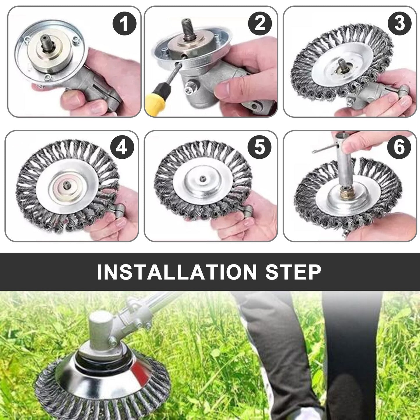 6" 8" 10" Stahl-Draht-Unkrautbürstenkopf für Rasentrimmer, rotierende Radbürste mit Adapterkit