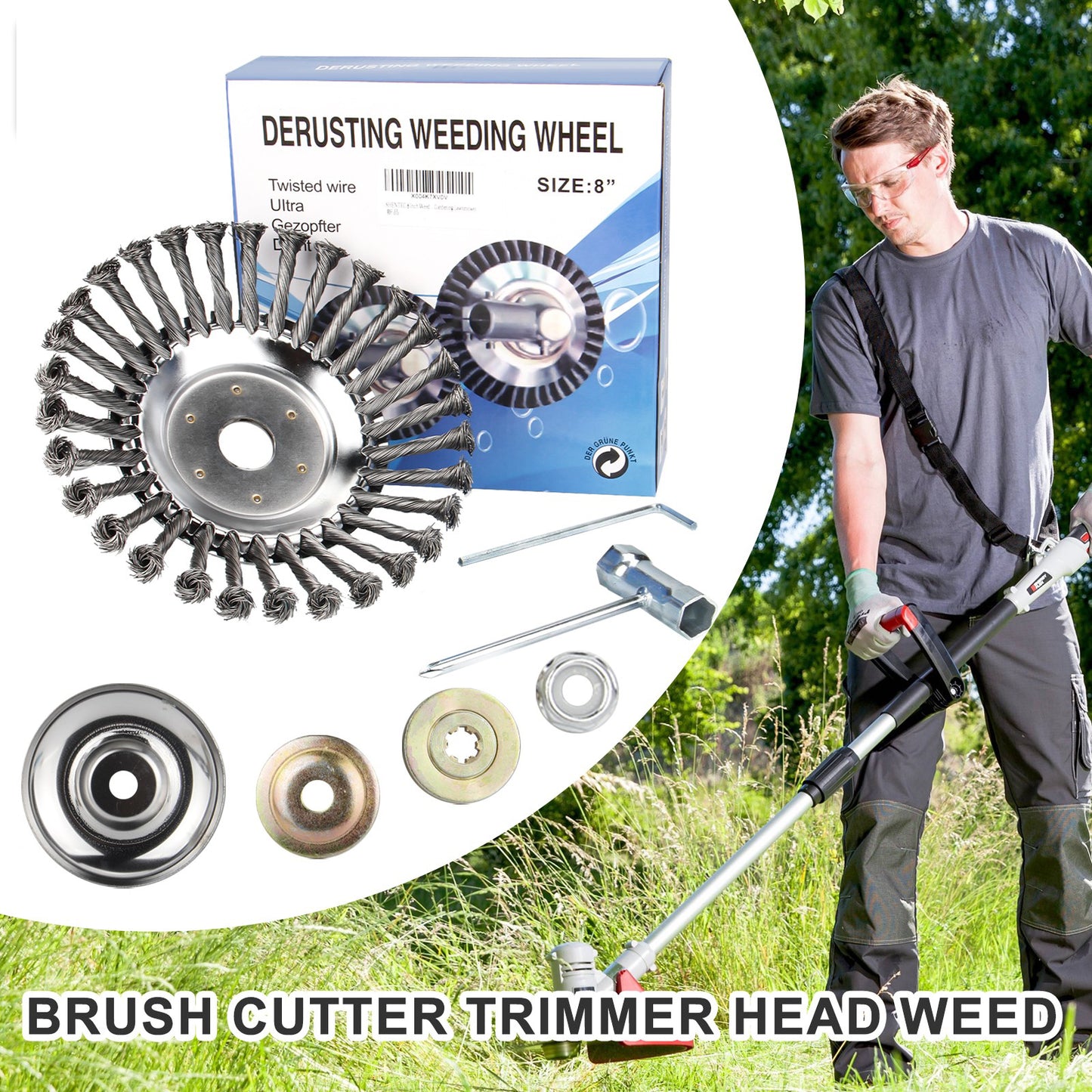 6" 8" 10" Stahl-Draht-Unkrautbürstenkopf für Rasentrimmer, rotierende Radbürste mit Adapterkit